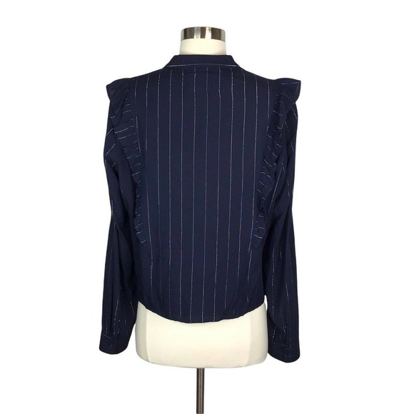 Rails Piper Blouse in Panama Stripe Medium Ruffle Blue Silver Metallic Tie Hem - Picture 10 of 12